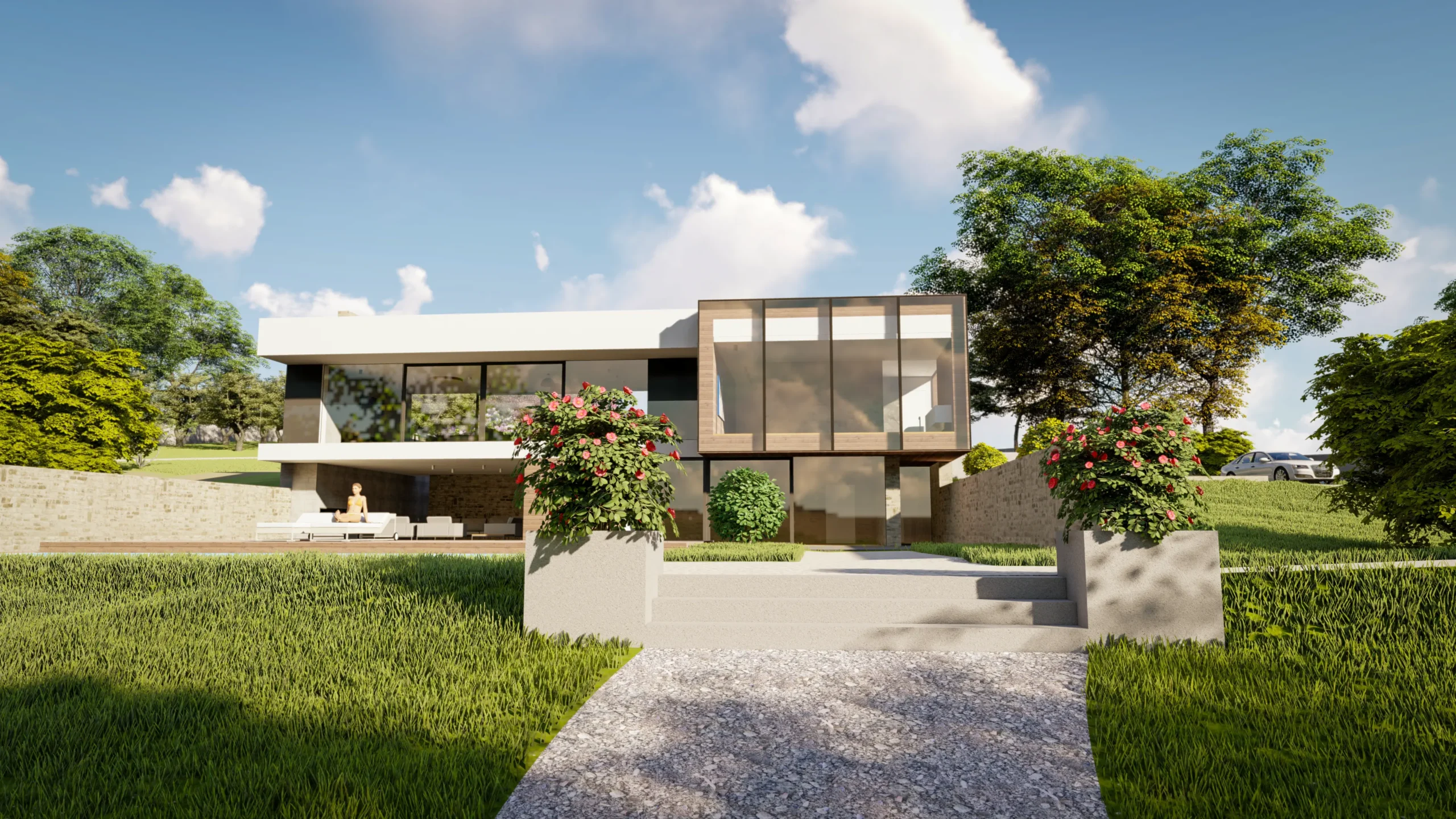 Moderná architektonická vila s veľkými oknami a rovnou strechou, obklopená zelenou záhradou a prírodným kameňom.