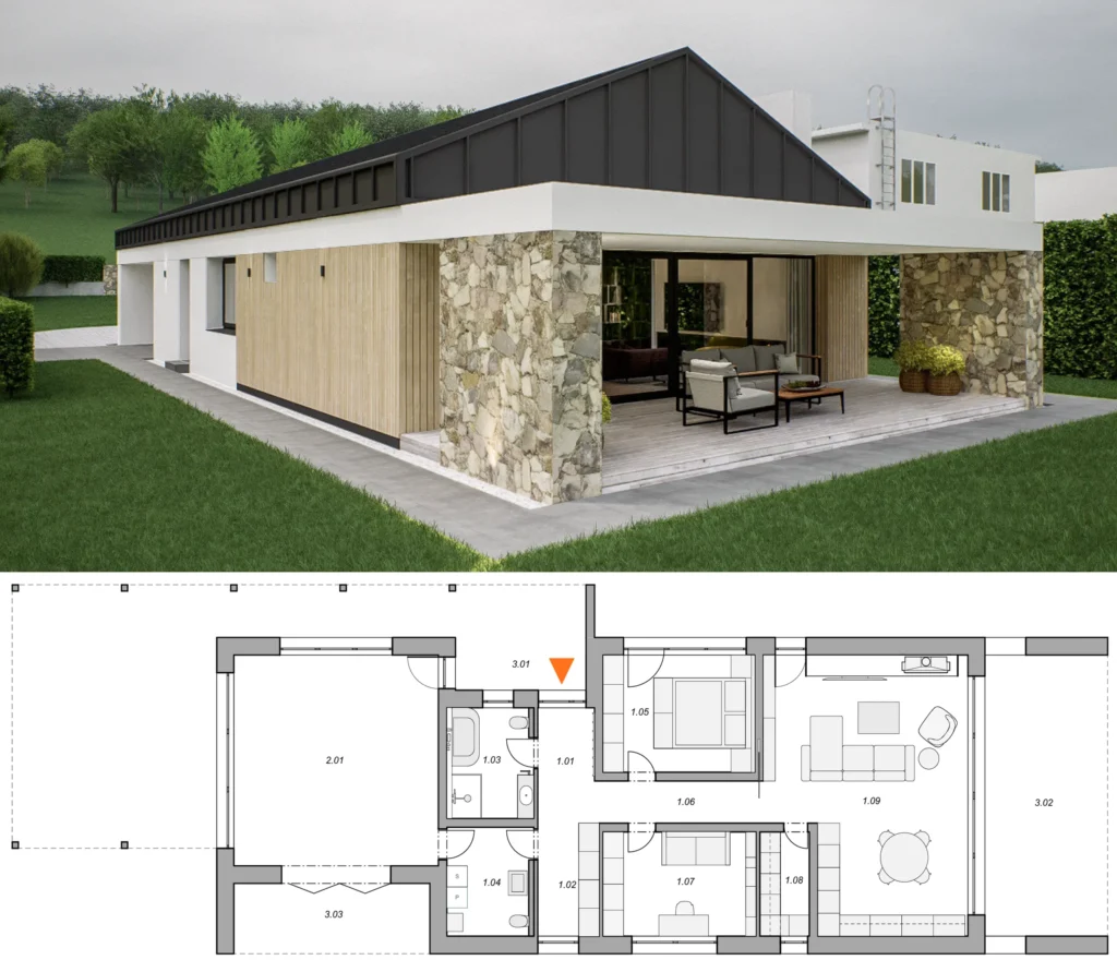 Vizualizácia moderného bungalovu s plochou strechou a kamennou fasádou, drevené obklady, zastrešená terasa, pôdorys domu, architektonická štúdia Slovensko.