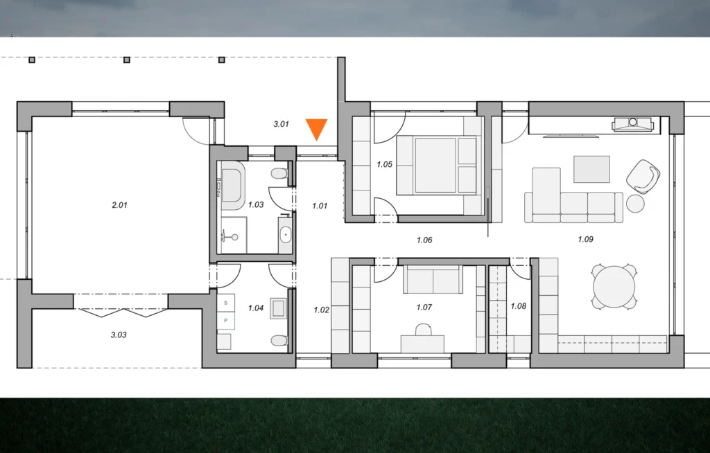 Architektonický pôdorys domu s vyznačeným zariadením, delením na zóny (obývačka, spálňa, kúpeľňa, pracovňa) a číslovaním miestností.