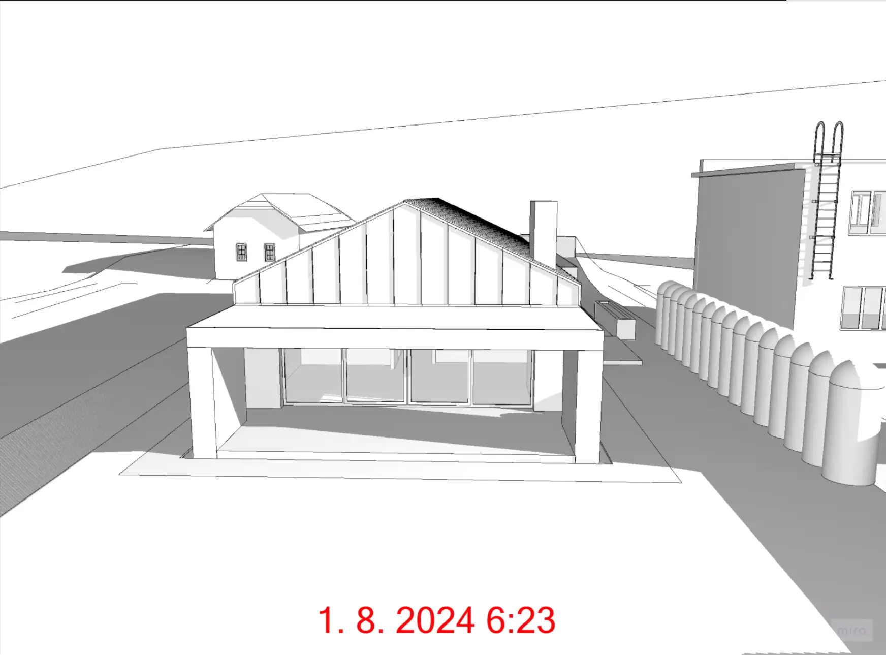 Architektonická vizualizácia rodinného domu, pohľad na presklenú fasádu s prekrytou terasou a modernou sedlovou strechou.